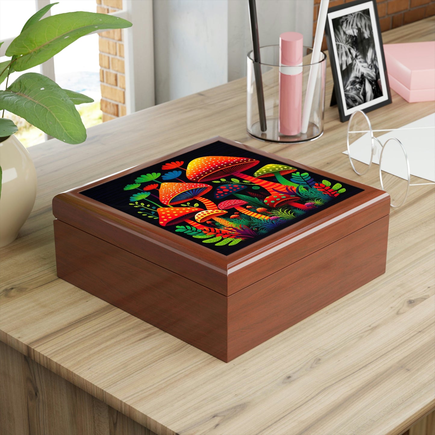 Magic Mushroom Forest Wood Keepsake Jewelry Box with Ceramic Tile Cover