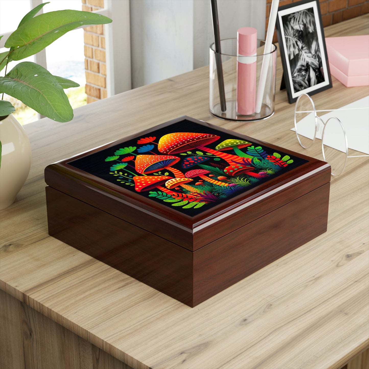 Magic Mushroom Forest Wood Keepsake Jewelry Box with Ceramic Tile Cover