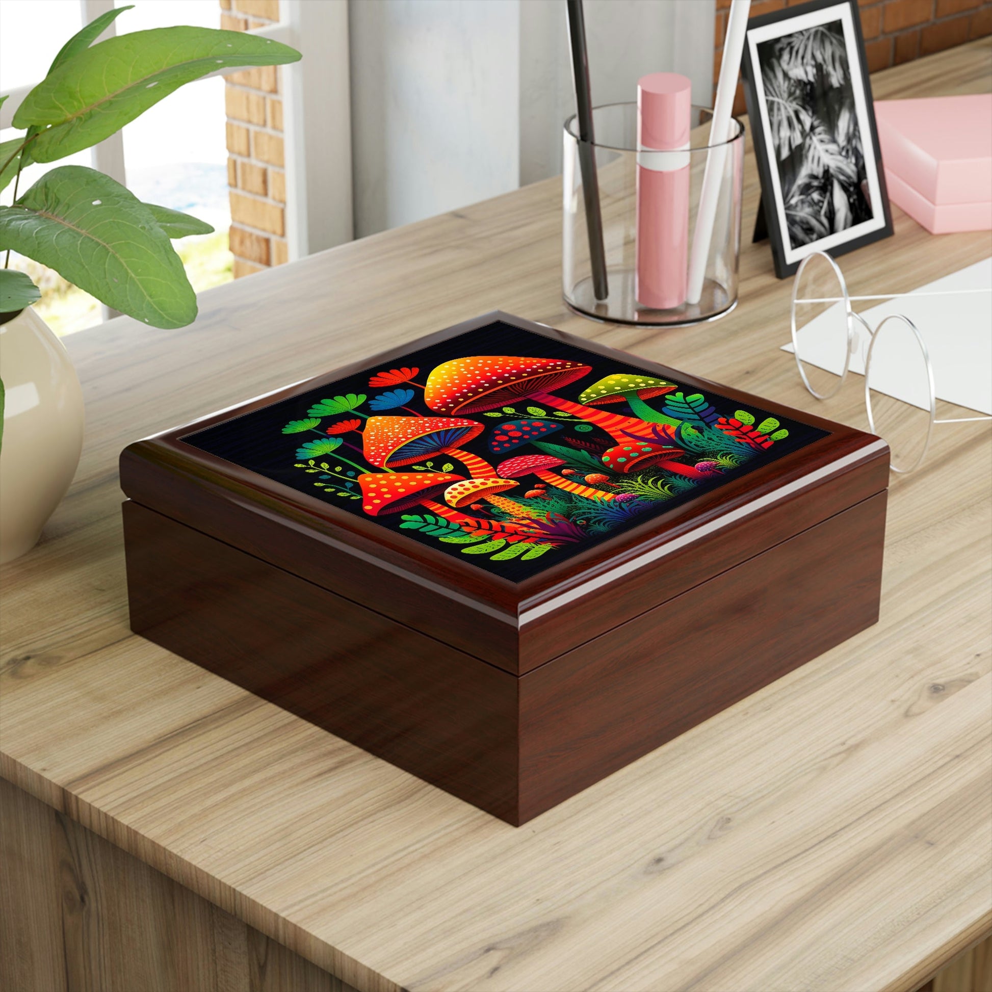 Magic Mushroom Forest Wood Keepsake Jewelry Box with Ceramic Tile Cover