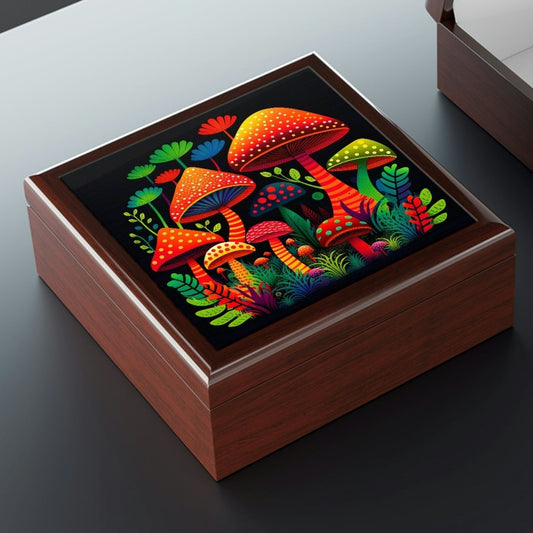 Magic Mushroom Forest Wood Keepsake Jewelry Box with Ceramic Tile Cover