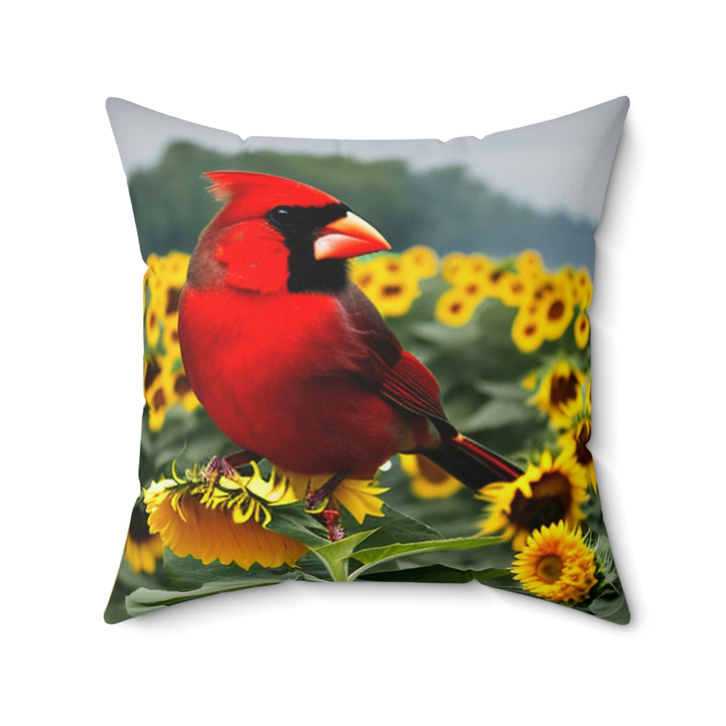 Male Cardinal Perched atop Sunflowers Square Pillow