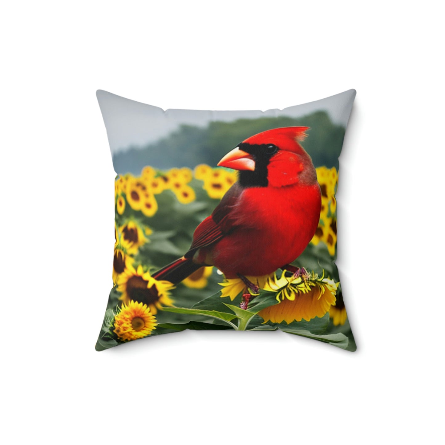 Male Cardinal Perched atop Sunflowers Square Pillow