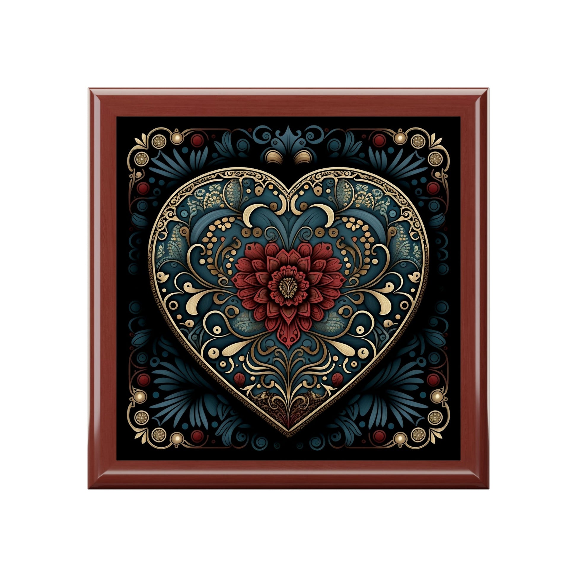 Mandala Heart Wood Keepsake Jewelry Box with Ceramic Tile Cover