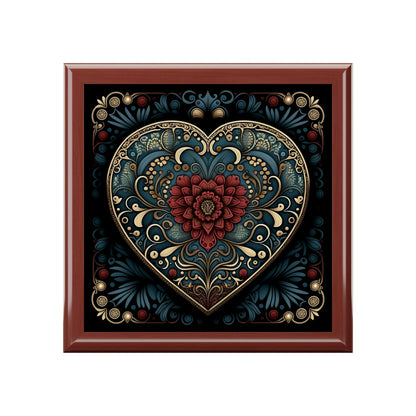 Mandala Heart Wood Keepsake Jewelry Box with Ceramic Tile Cover