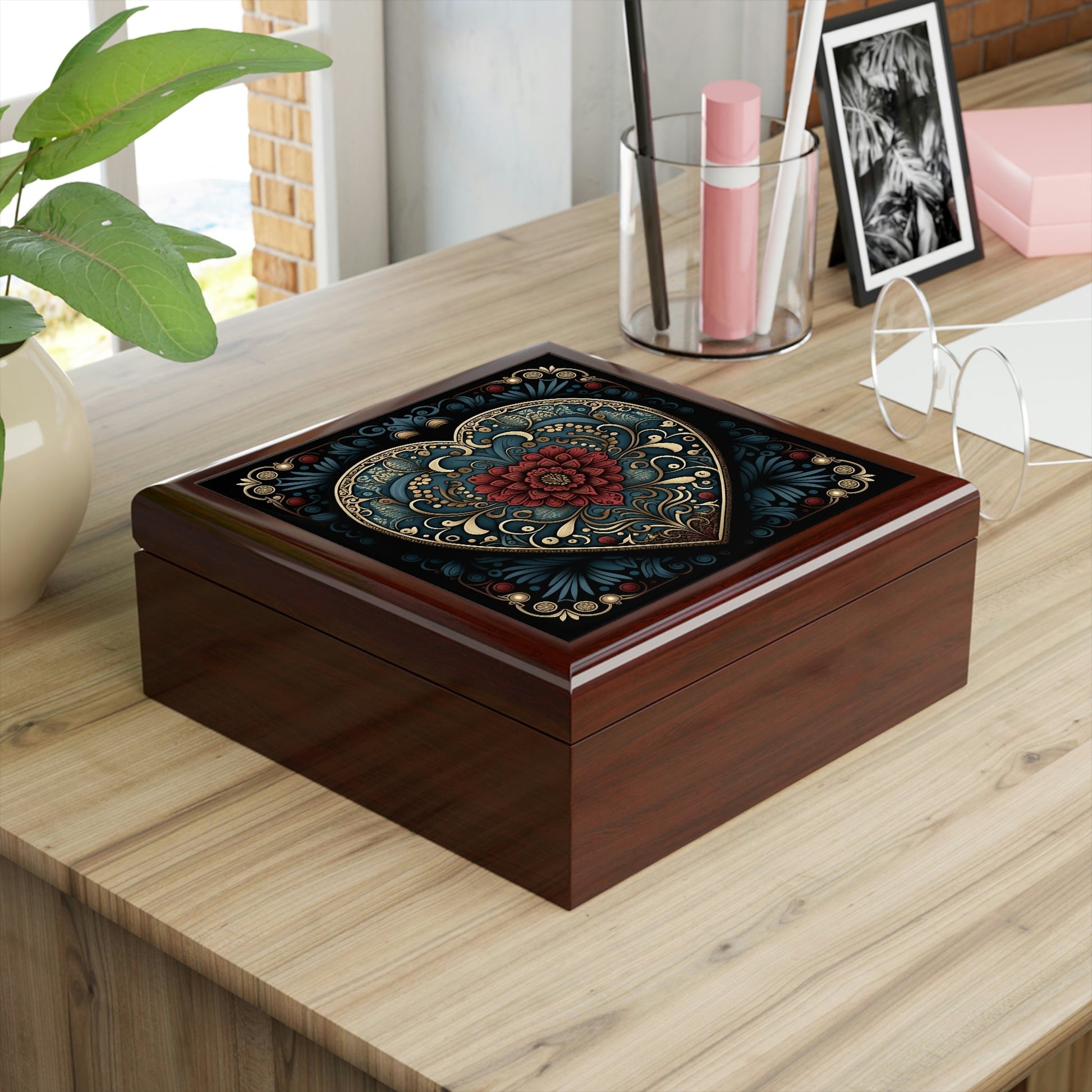 Mandala Heart Wood Keepsake Jewelry Box with Ceramic Tile Cover