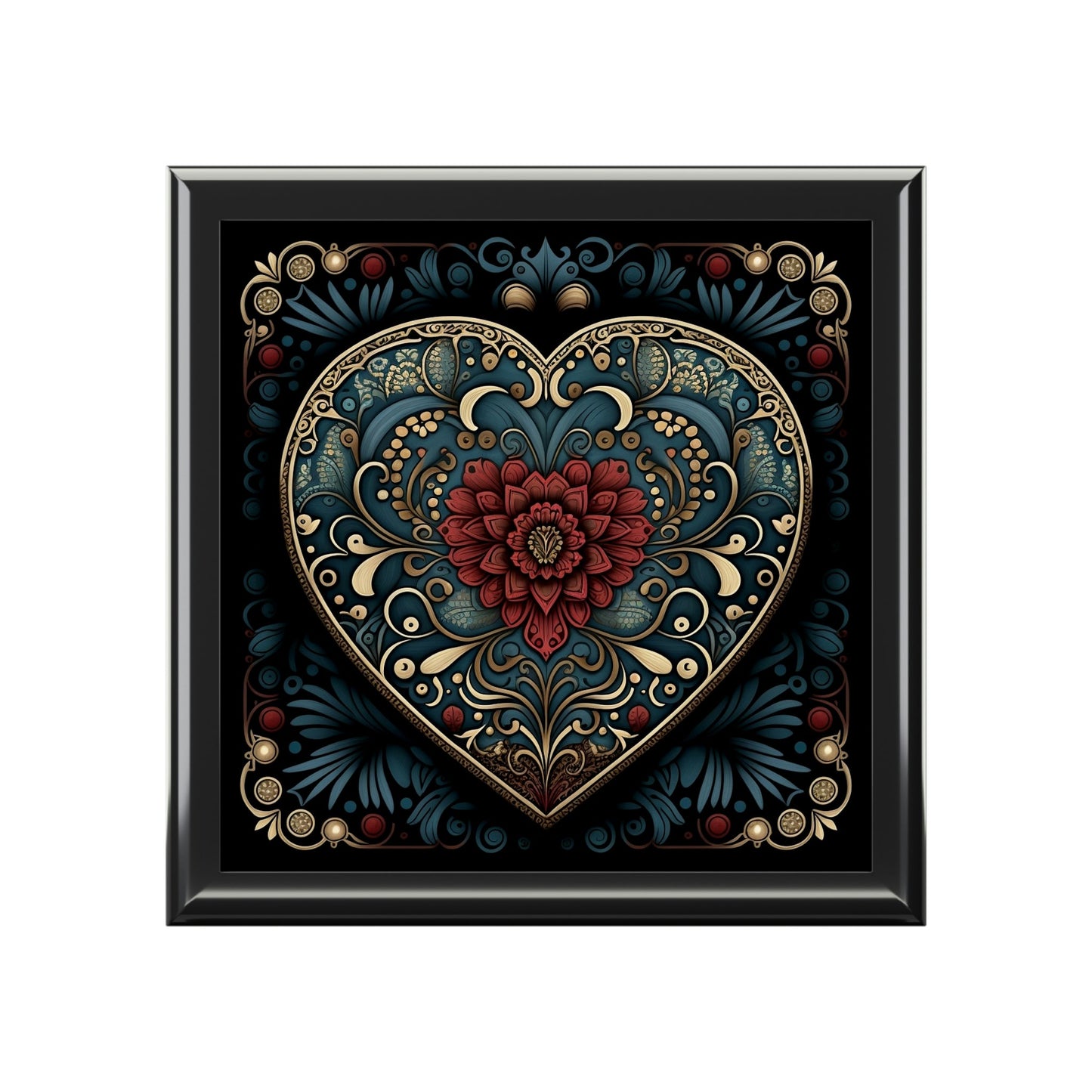 Mandala Heart Wood Keepsake Jewelry Box with Ceramic Tile Cover