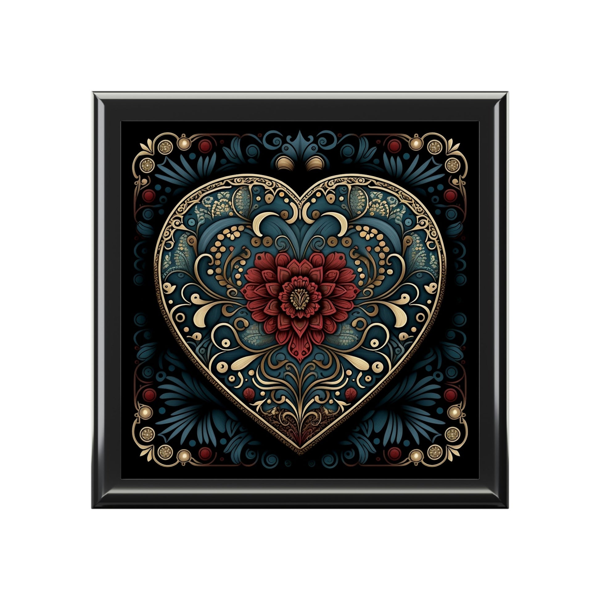 Mandala Heart Wood Keepsake Jewelry Box with Ceramic Tile Cover