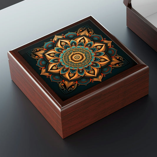 Mandala Wood Keepsake Jewelry Box with Ceramic Tile Cover