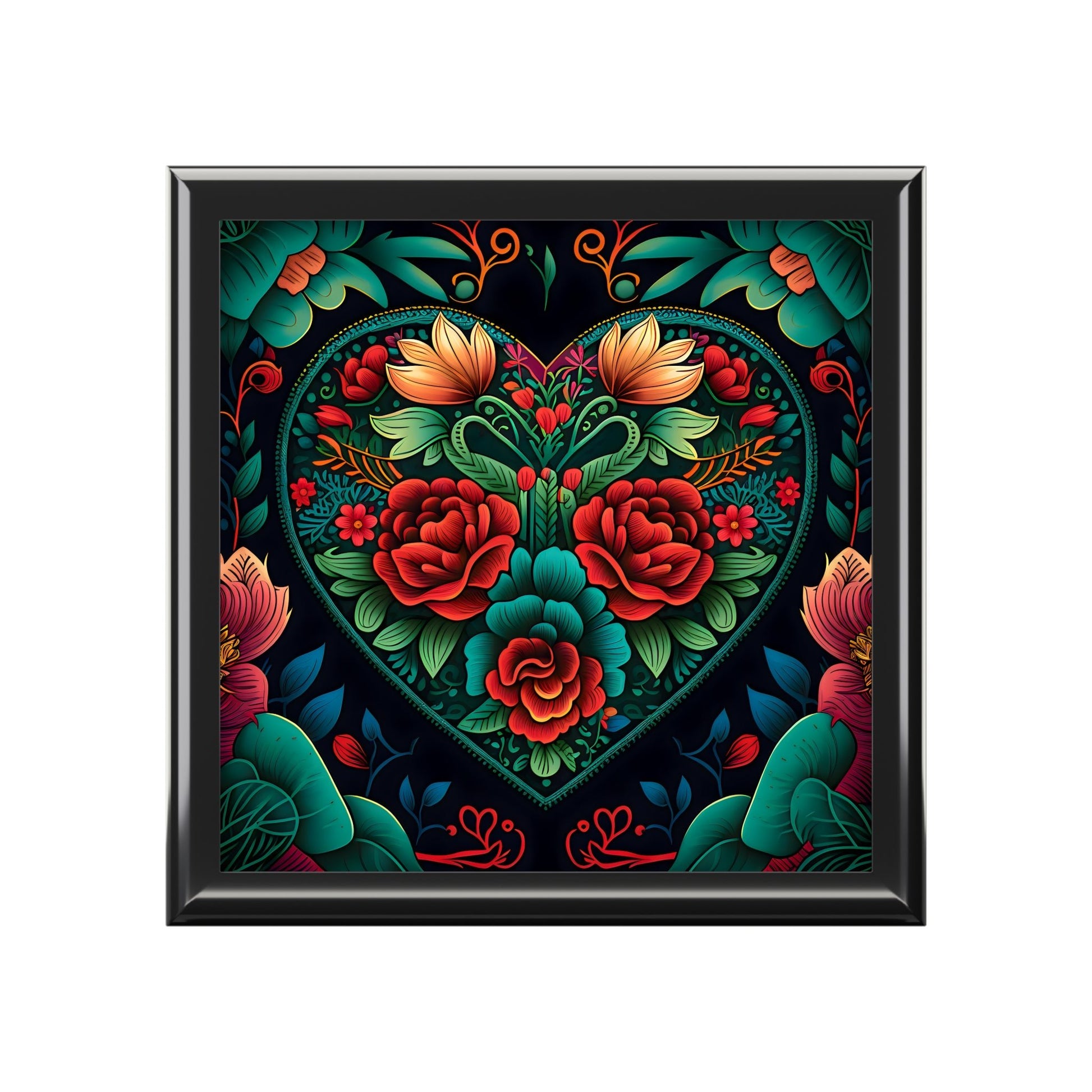 Meso-American Style Heart and Roses Jewelry Box