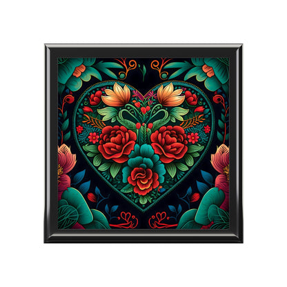 Meso-American Style Heart and Roses Jewelry Box