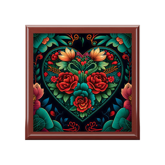 Meso-American Style Heart and Roses Jewelry Box