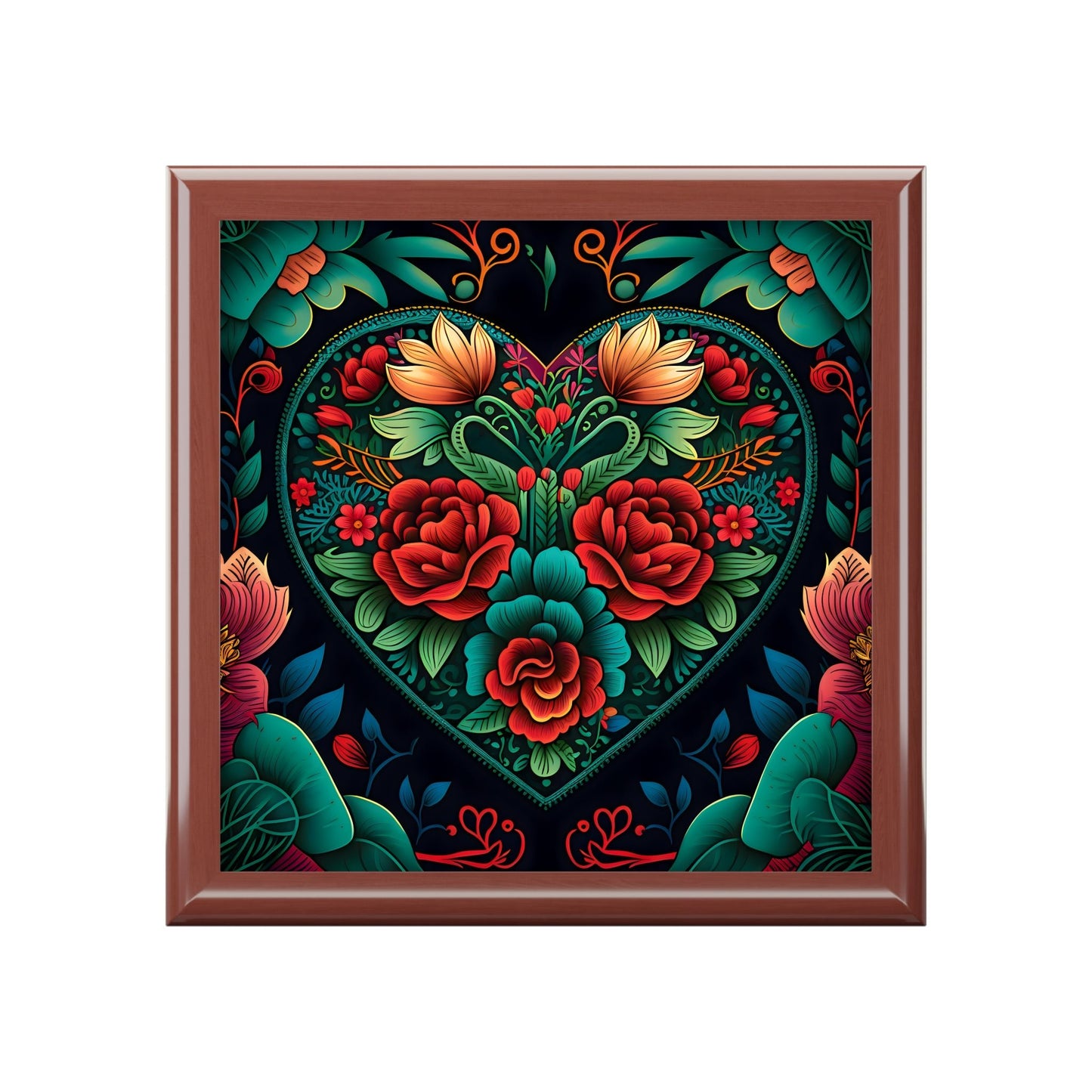 Meso-American Style Heart and Roses Jewelry Box