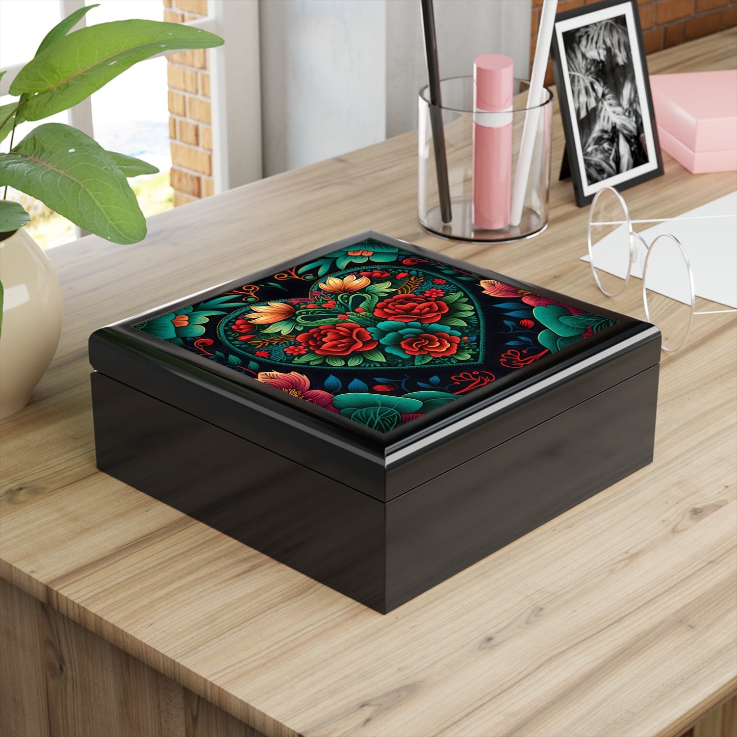 Meso-American Style Heart and Roses Jewelry Box