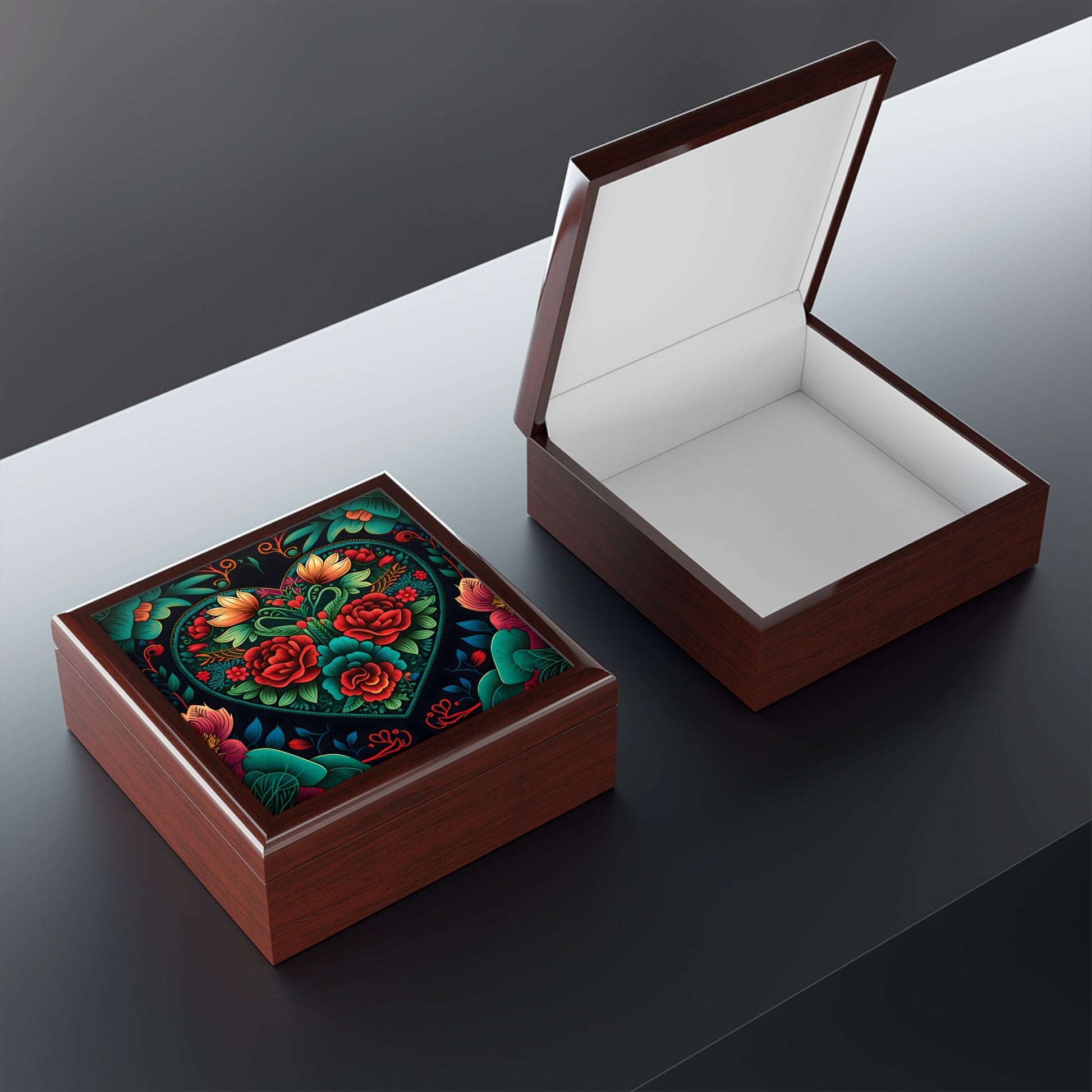 Meso-American Style Heart and Roses Jewelry Box