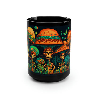 Mesoamerican Magic Mushroom Skulls 15 oz Coffee Mug perfect for the mushrooming fan or as a birthday gift for nature lovers