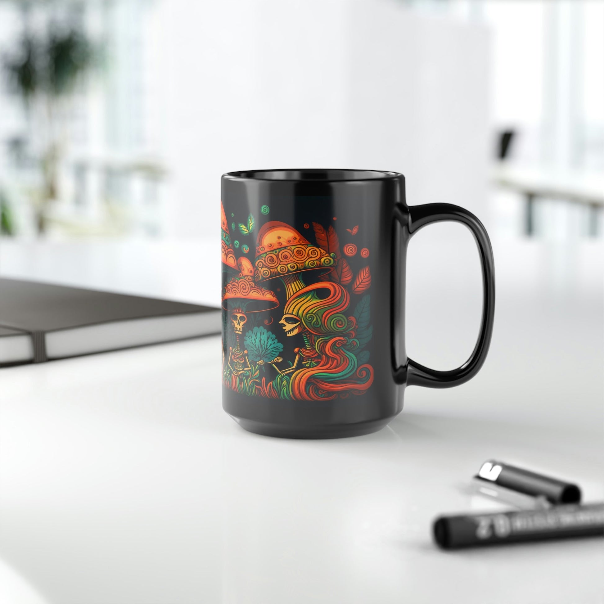 Mesoamerican Magic Mushroom Skulls 15 oz Coffee Mug perfect for the mushrooming fan or as a birthday gift for nature lovers