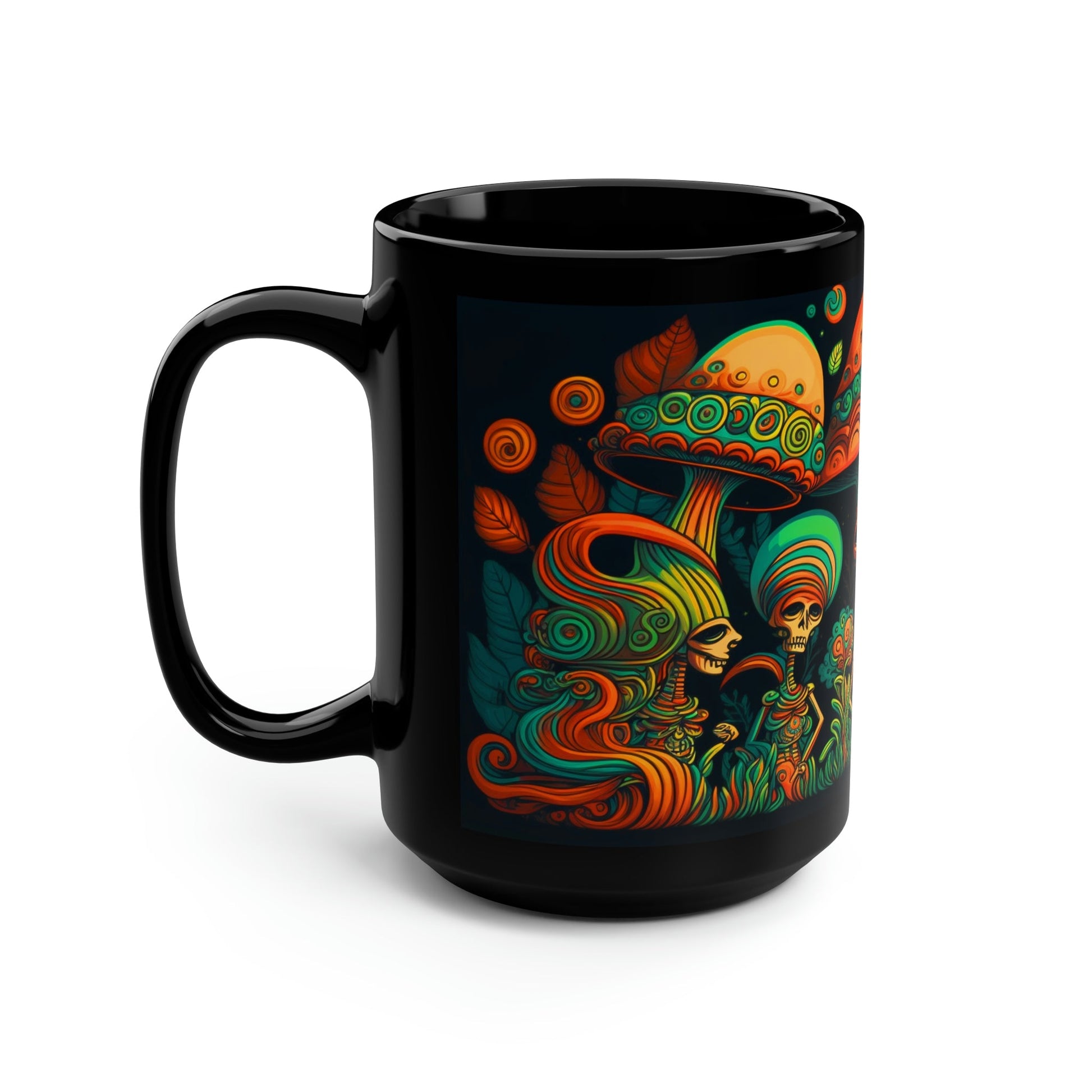 Mesoamerican Magic Mushroom Skulls 15 oz Coffee Mug perfect for the mushrooming fan or as a birthday gift for nature lovers