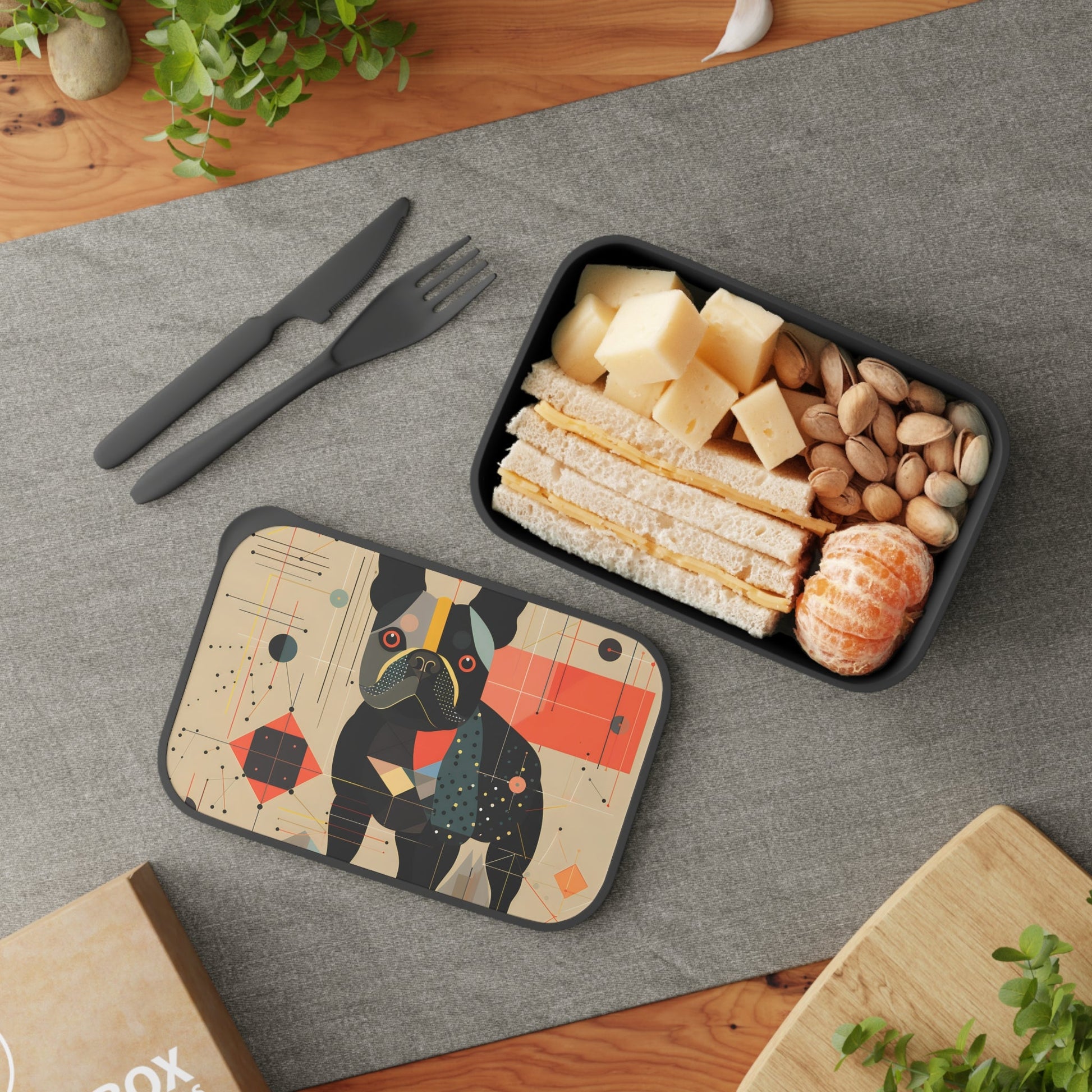 Mid-Century Modern French Bulldog | PLA Bento Box with Band and Utensils