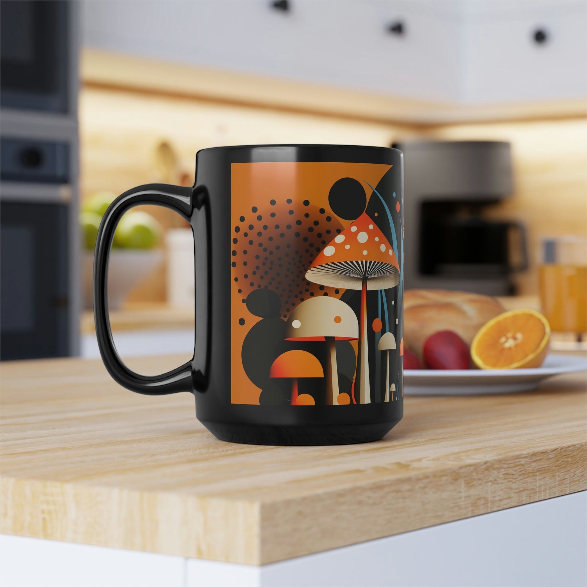 Mid-Century Modern Magic Mushrooms 15 oz Coffee Mug perfect for the mushrooming fan or as a birthday gift for nature lovers