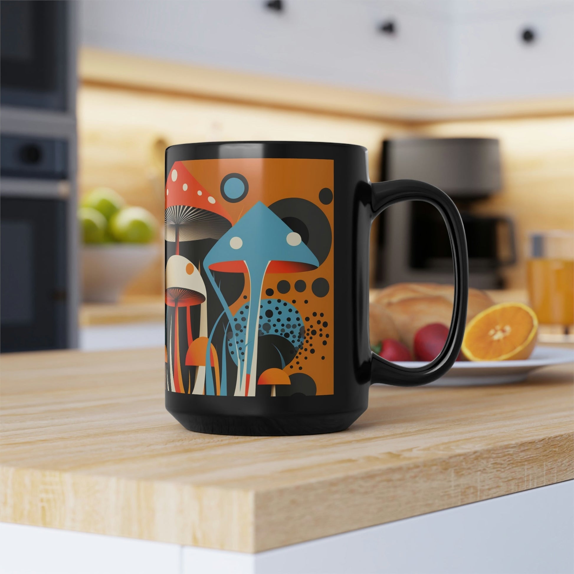 Mid-Century Modern Magic Mushrooms 15 oz Coffee Mug perfect for the mushrooming fan or as a birthday gift for nature lovers