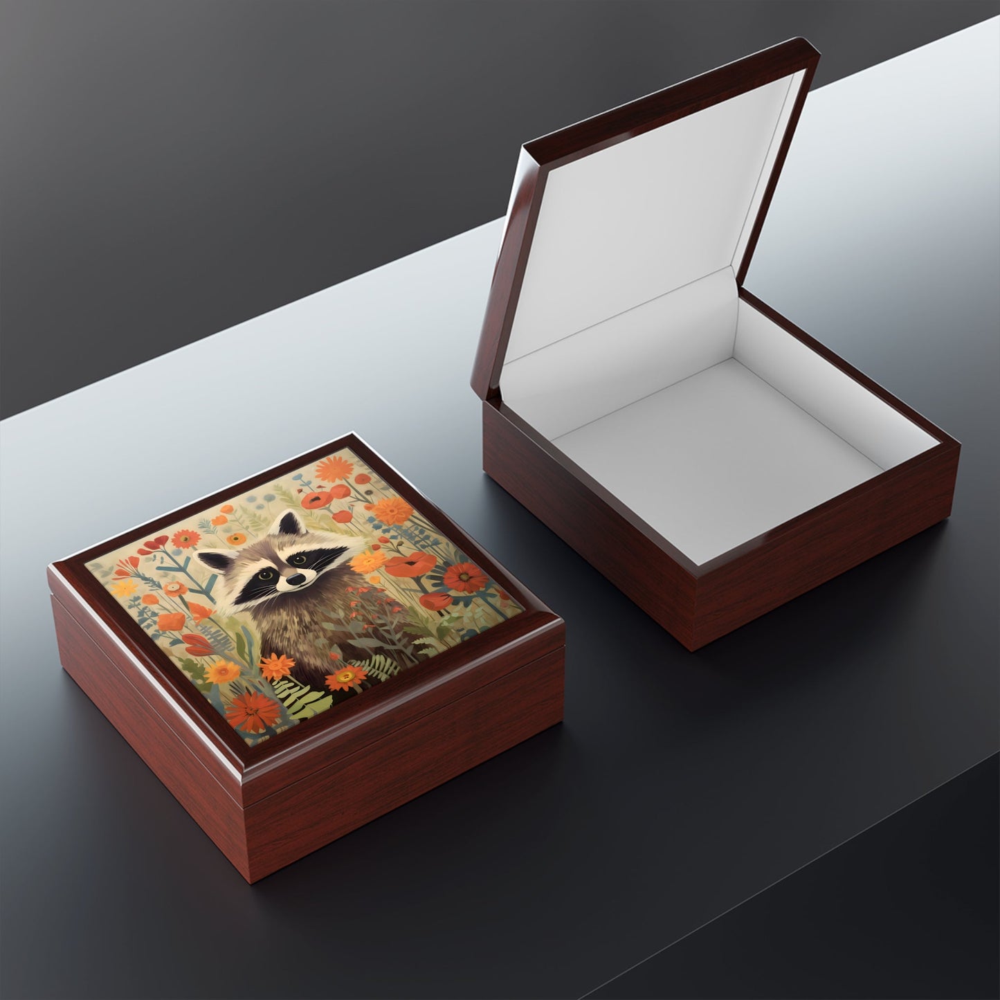 Mid-Century Modern Raccoon in a Garden Fine Art Print Jewelry Keepsake Trinkets Box