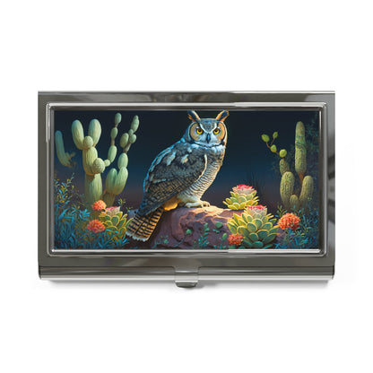 Midnight Cactus Desert Scene with Great Horned Owl Business Card Holder