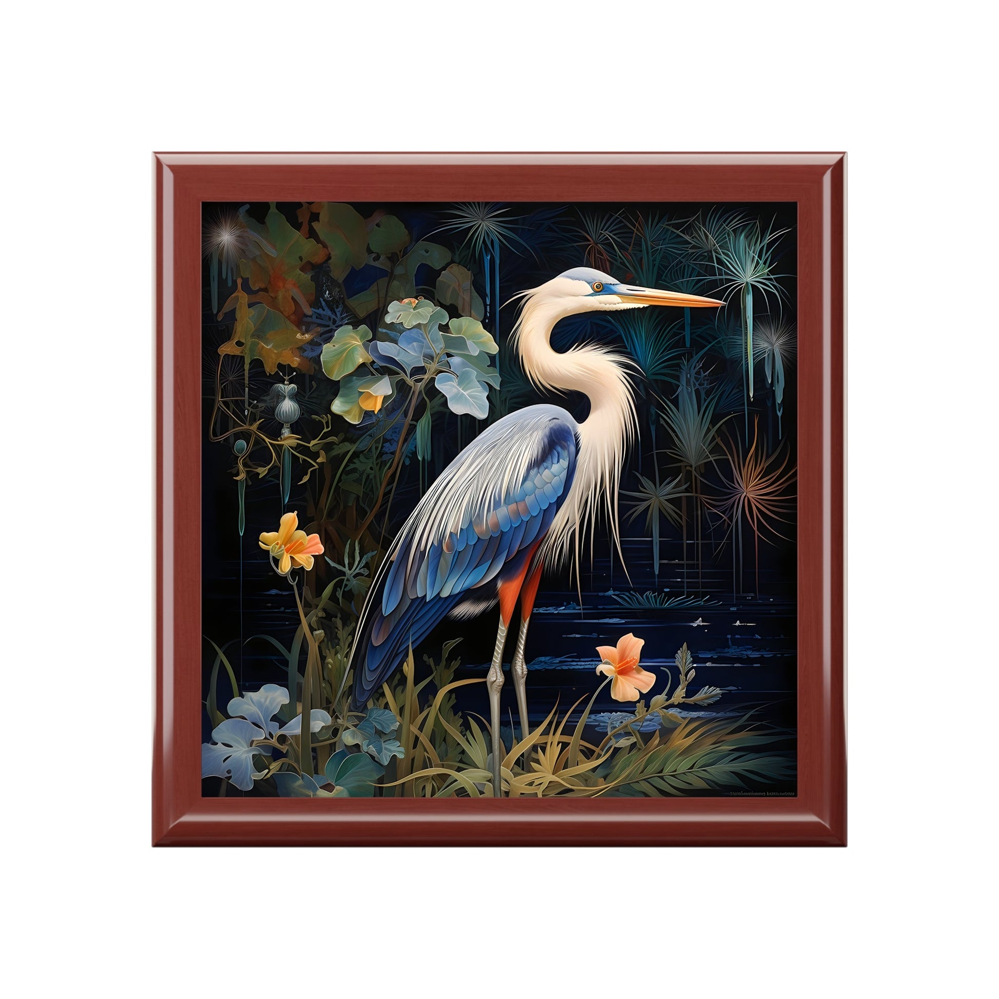 Midnight Great Blue Heron Art Gift and Jewelry Box