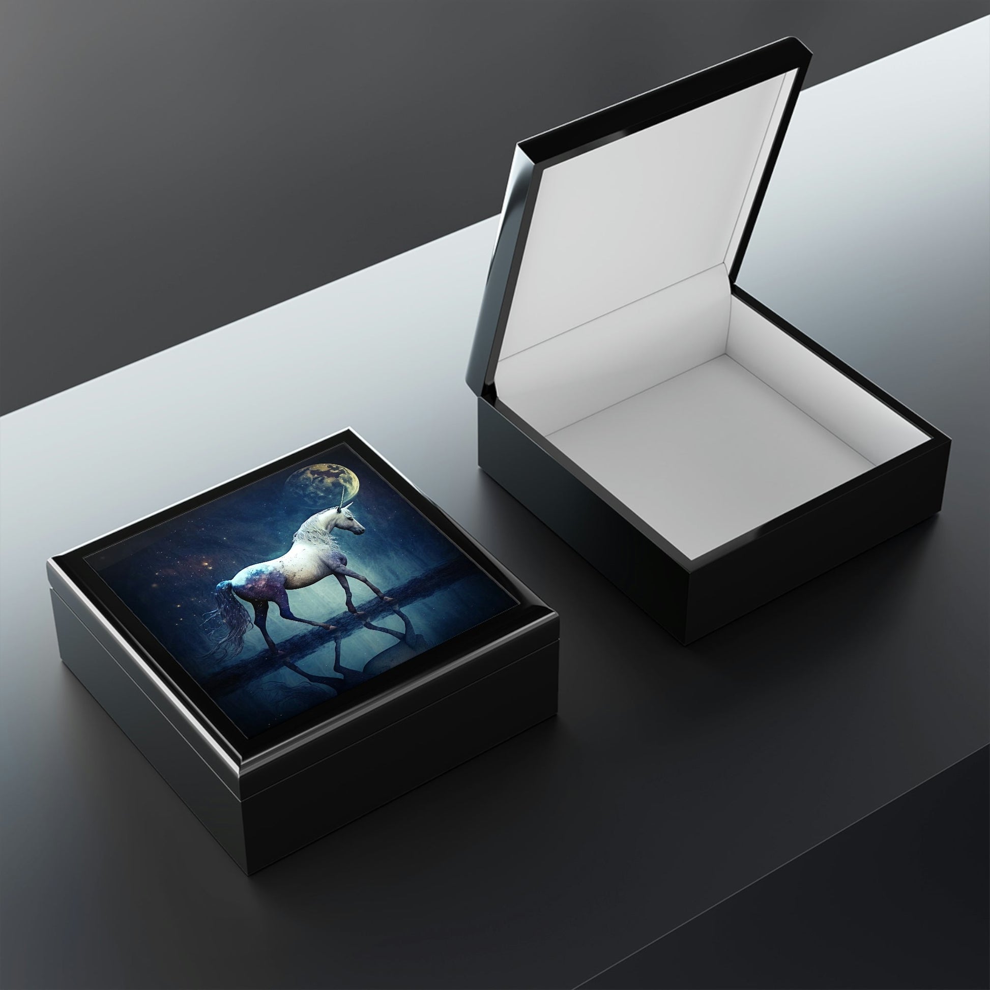 Midnight Unicorn Wooden Keepsake Jewelry Box with Ceramic Tile Cover