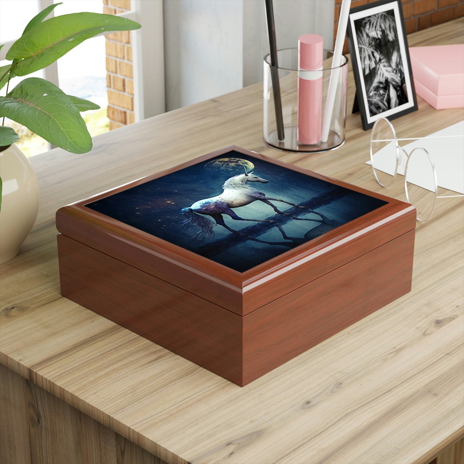 Midnight Unicorn Wooden Keepsake Jewelry Box with Ceramic Tile Cover