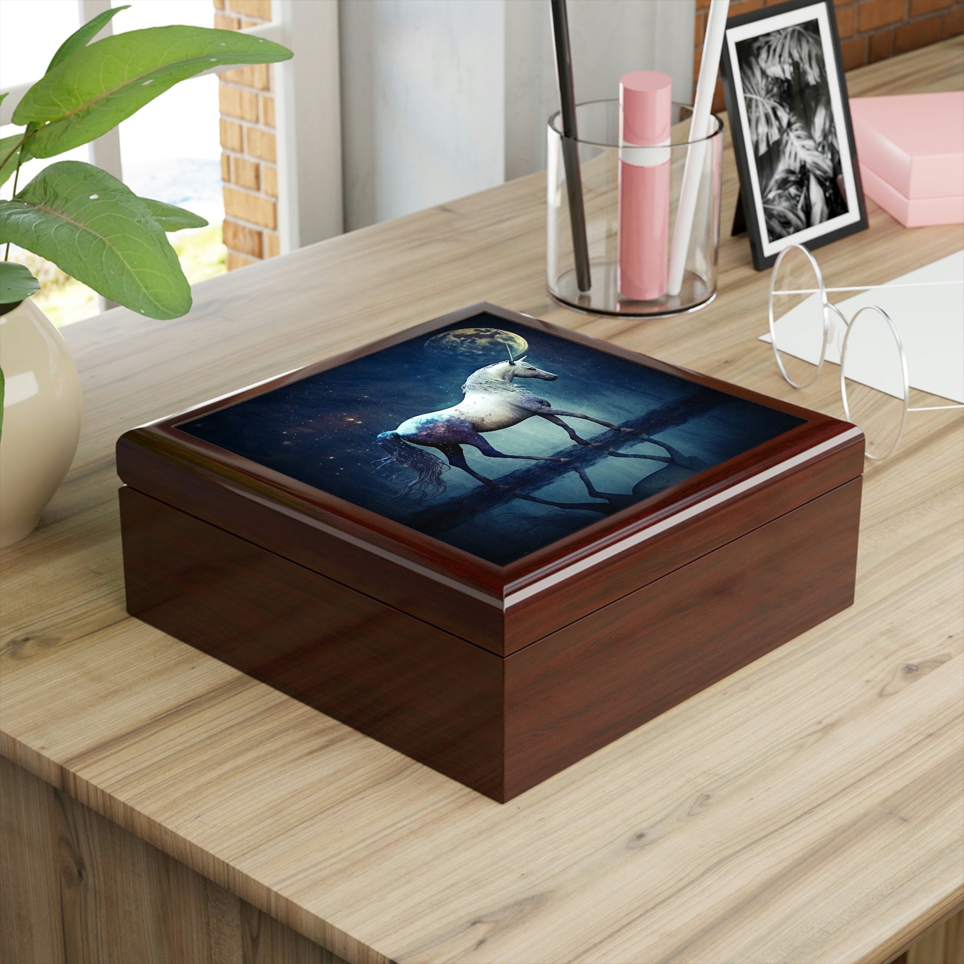 Midnight Unicorn Wooden Keepsake Jewelry Box with Ceramic Tile Cover