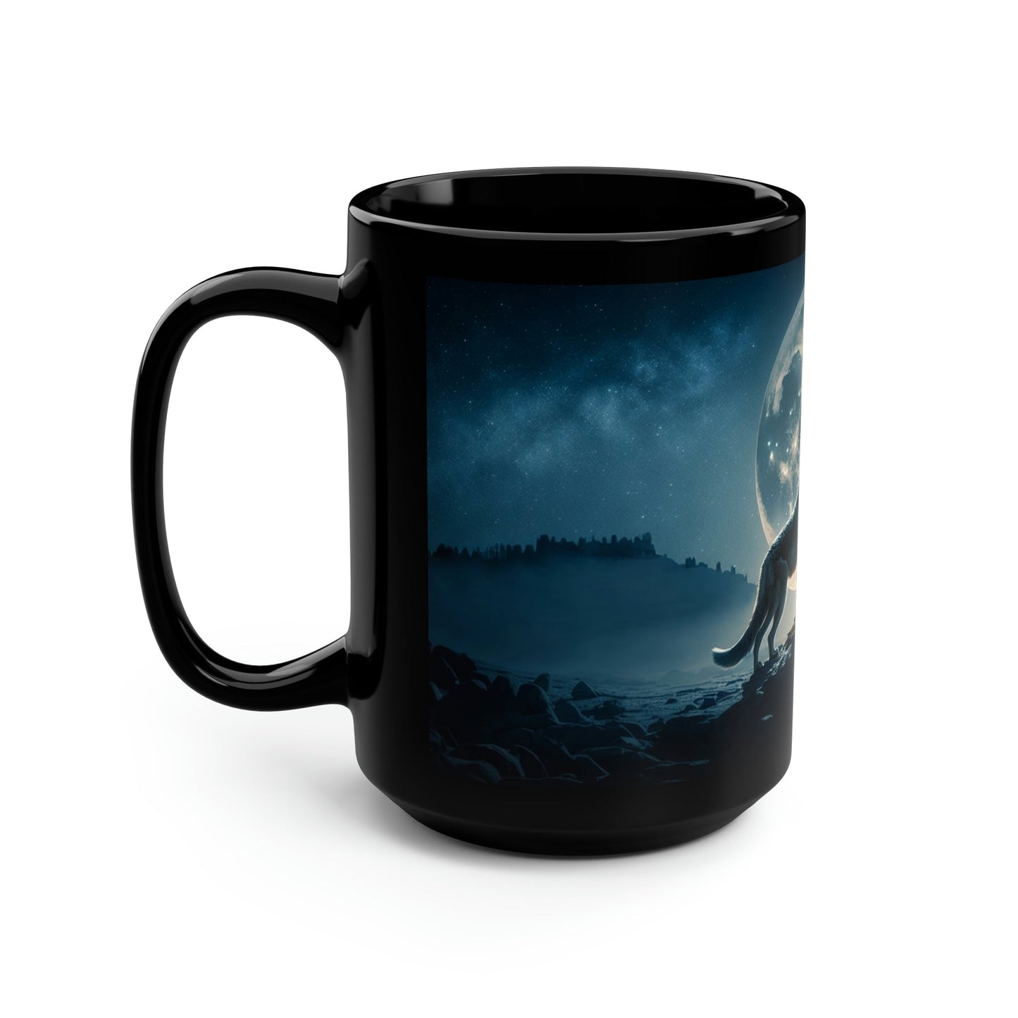 Midnight Wolf Howing at the Full Moon - Black 15 oz Blck Coffee Mug