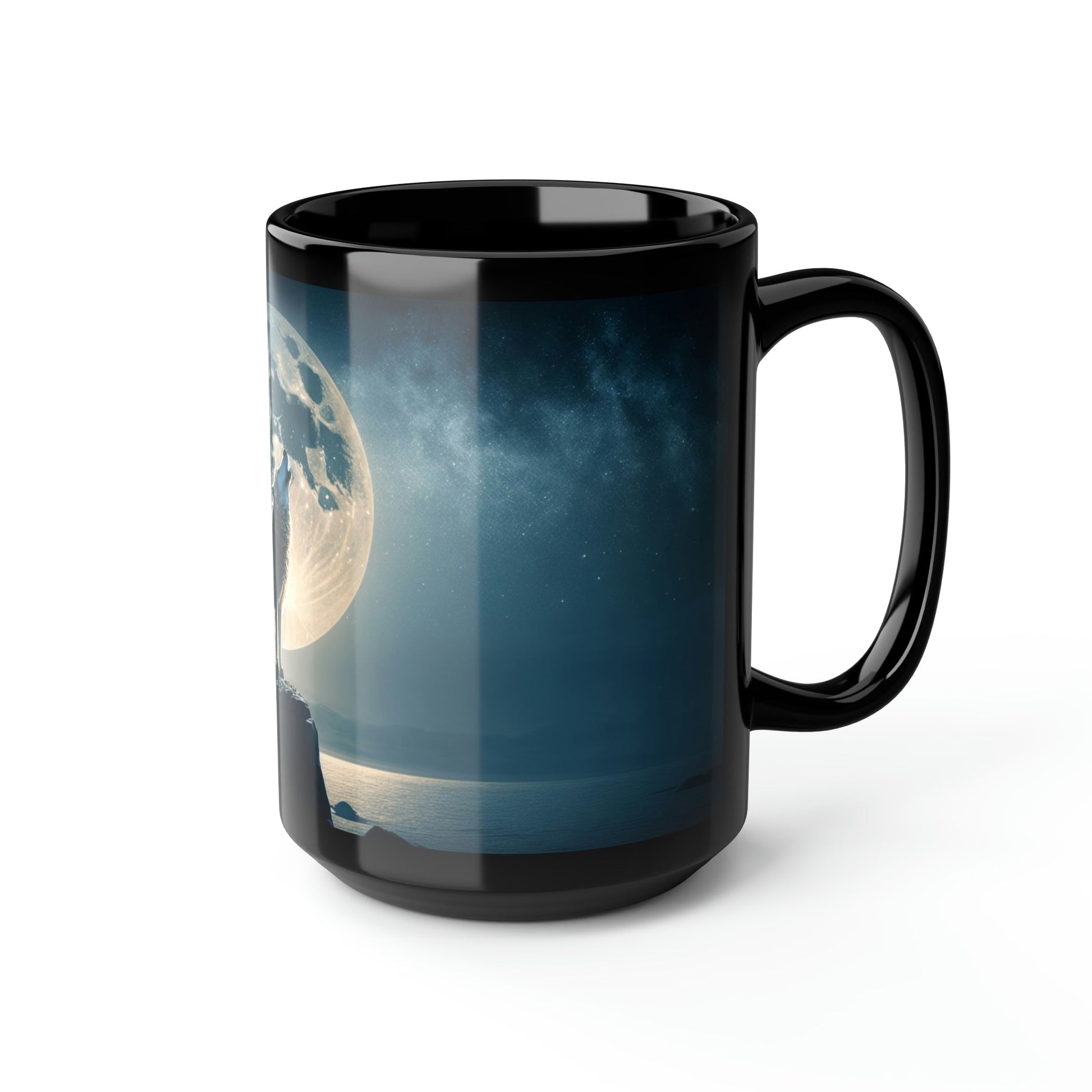 Midnight Wolf Howing at the Full Moon - Black 15 oz Blck Coffee Mug