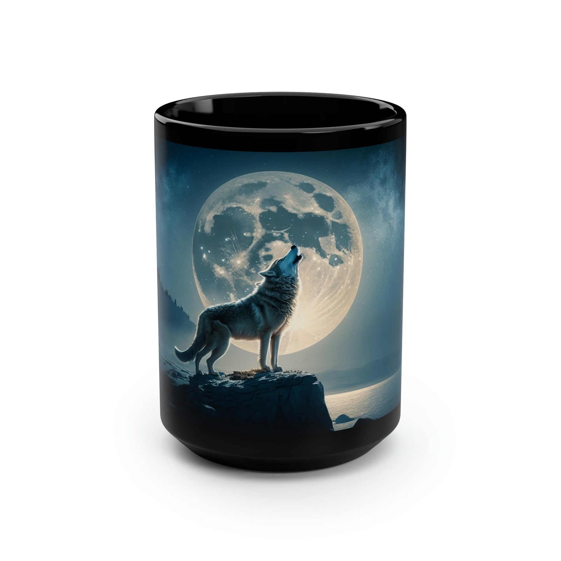 Midnight Wolf Howing at the Full Moon - Black 15 oz Blck Coffee Mug