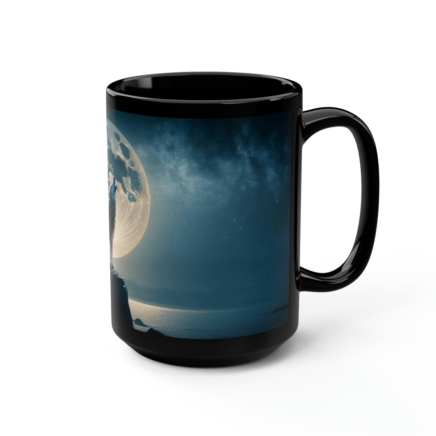 Midnight Wolf Howing at the Full Moon - Black 15 oz Blck Coffee Mug