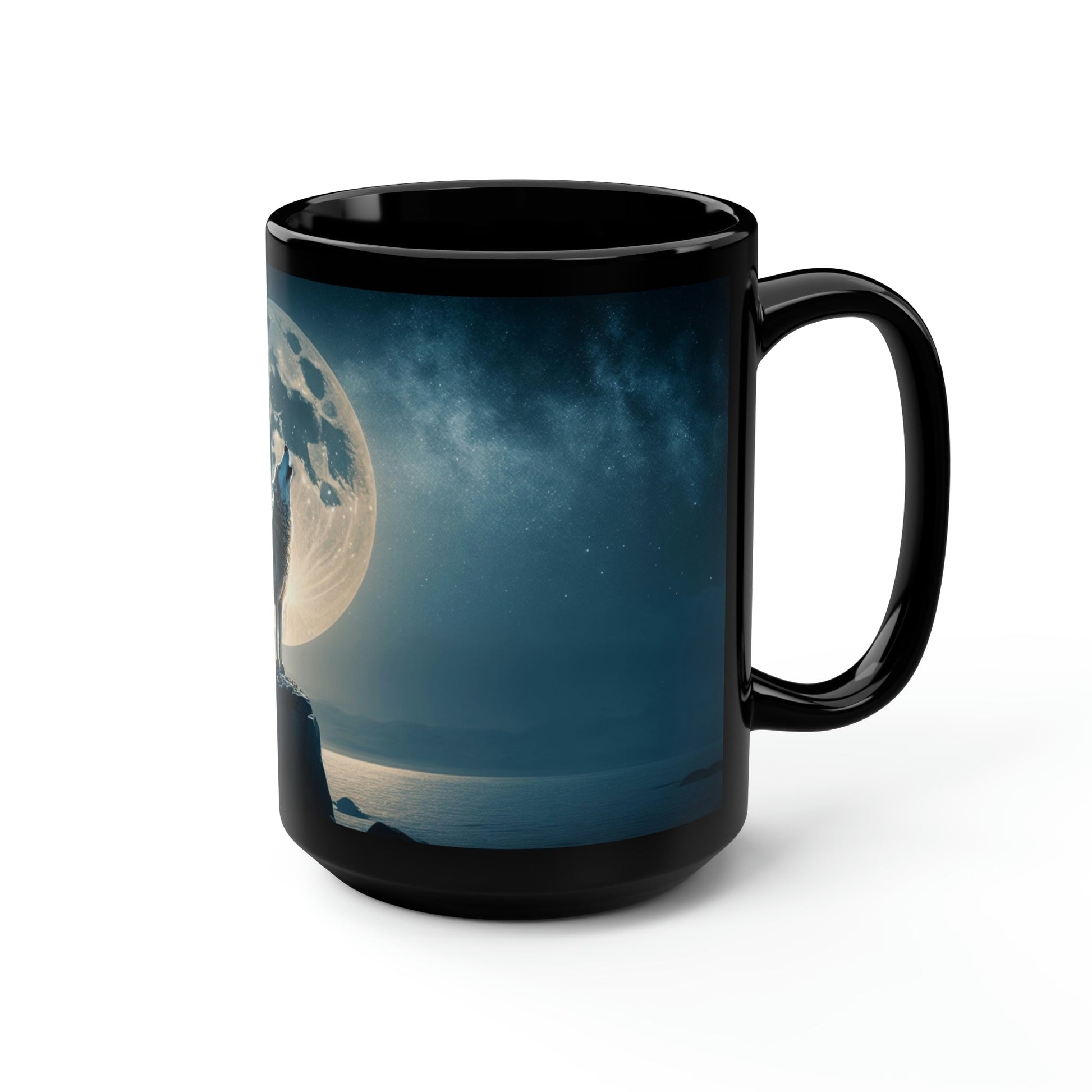 Midnight Wolf Howing at the Full Moon - Black 15 oz Blck Coffee Mug