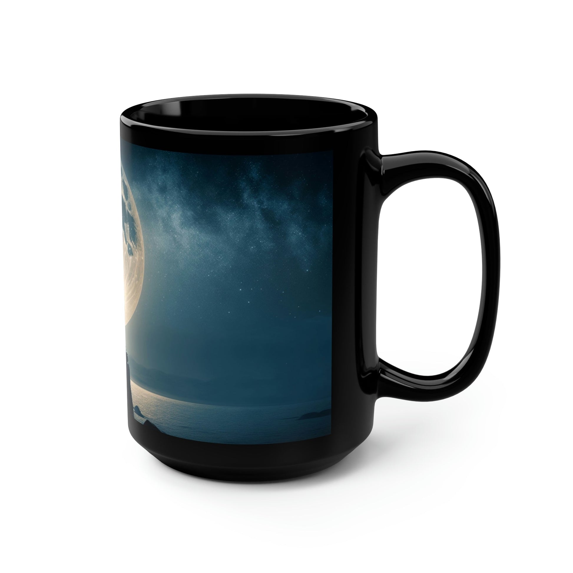 Midnight Wolf Howing at the Full Moon - Black 15 oz Blck Coffee Mug