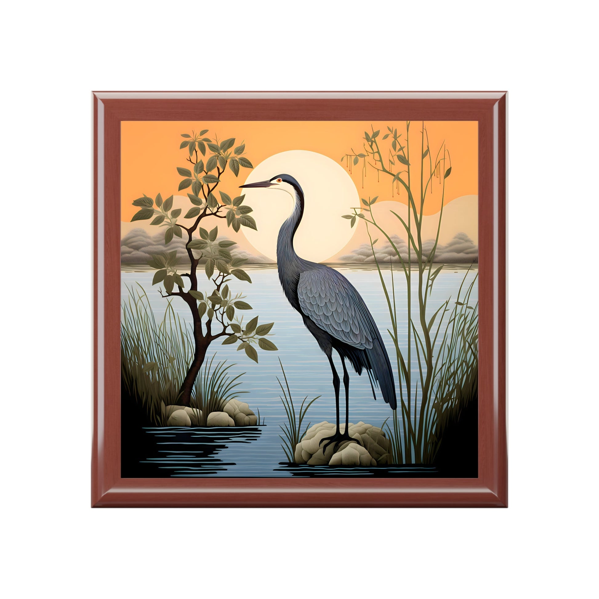 Minimalism Art of a Great Blue Heron on the Shore Jewelry Keepsake Trinkets Box