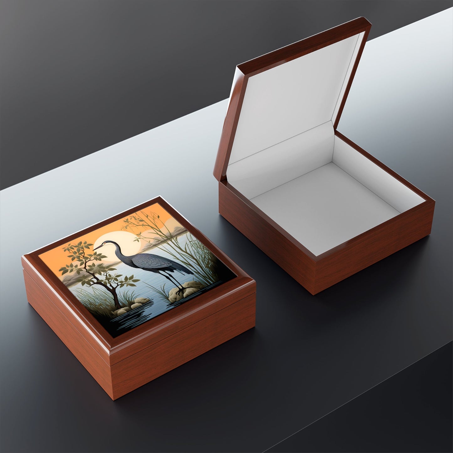 Minimalism Art of a Great Blue Heron on the Shore Jewelry Keepsake Trinkets Box