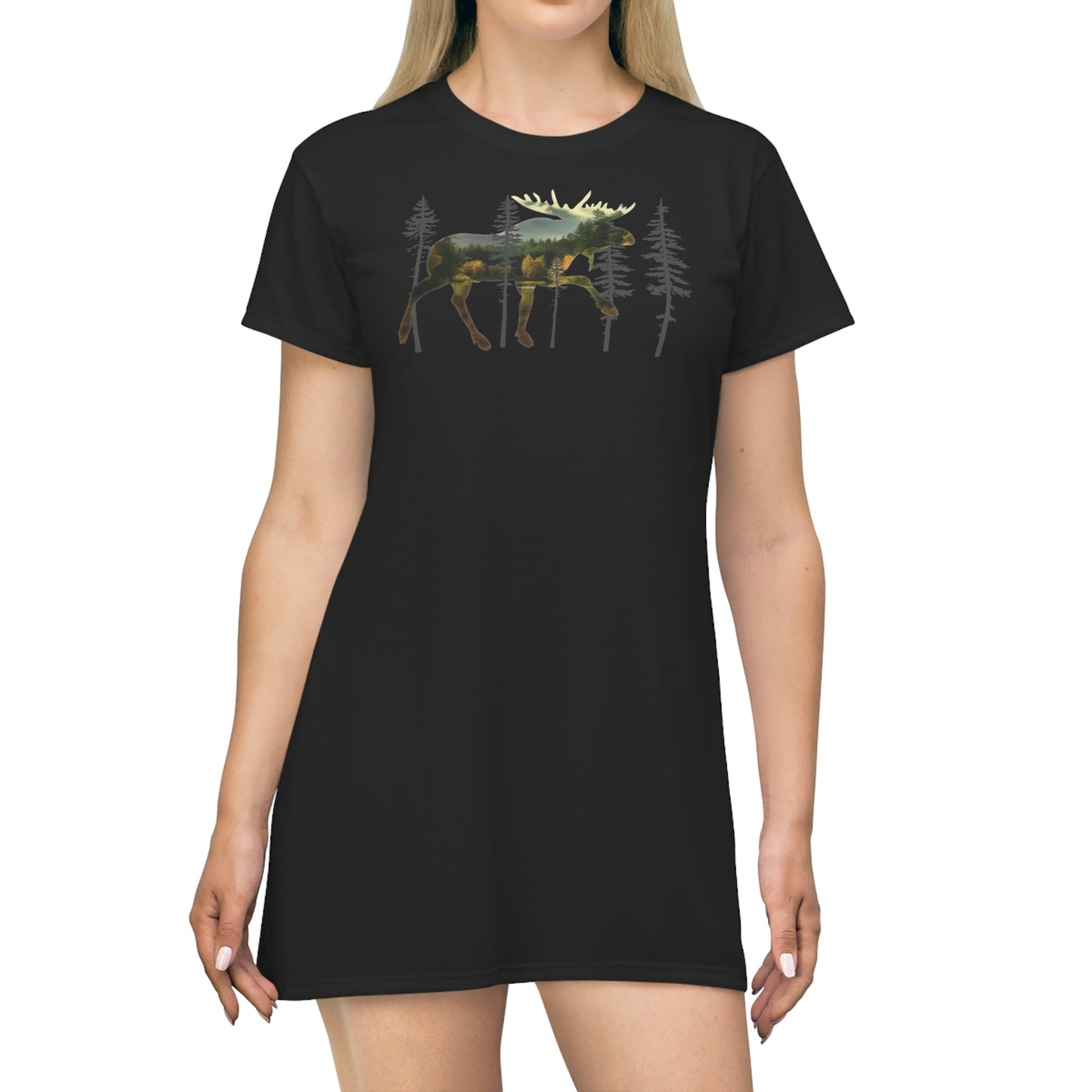 Moose in the Woods All Over Print T-Shirt Dress