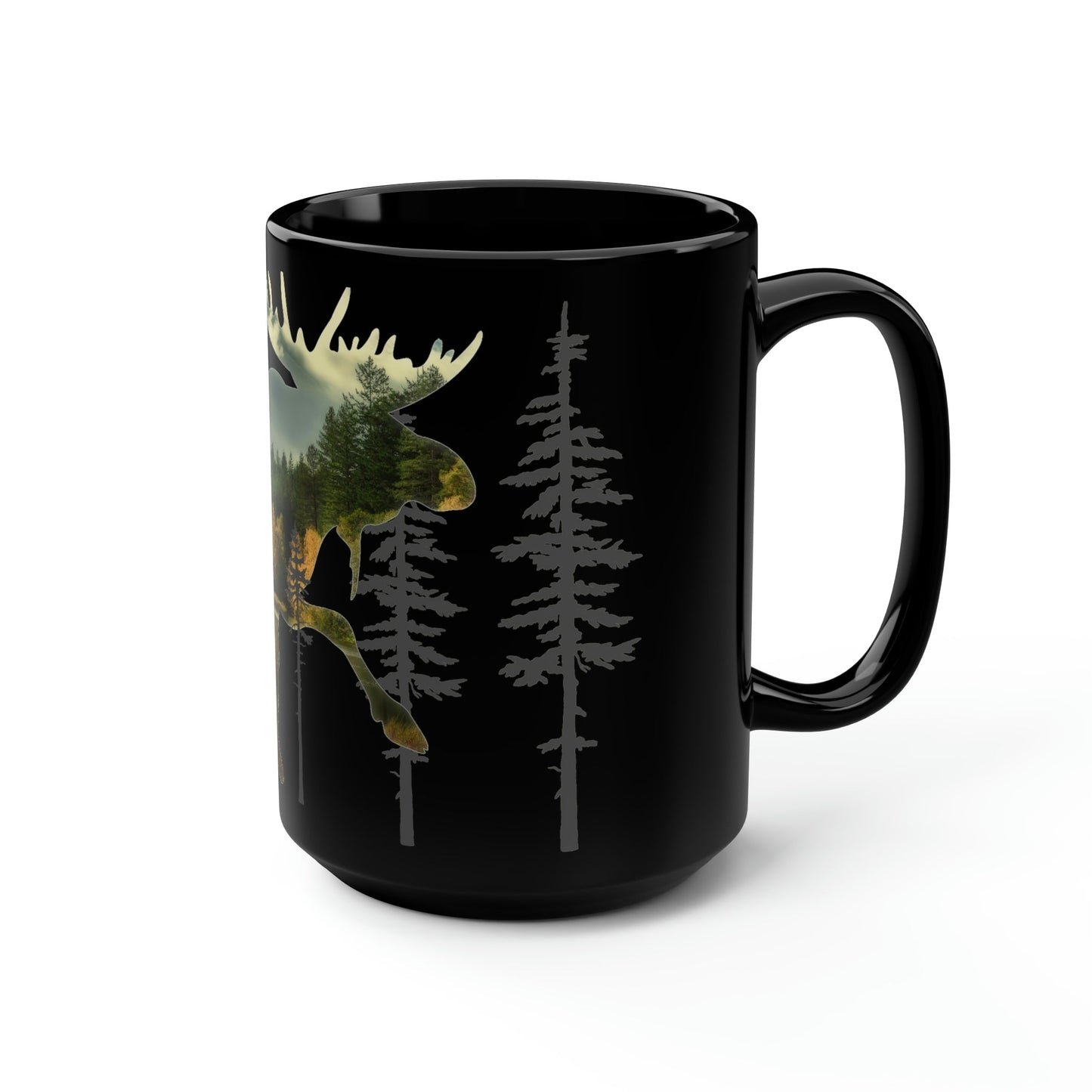 Moose in the Woods Black Mug, 15oz