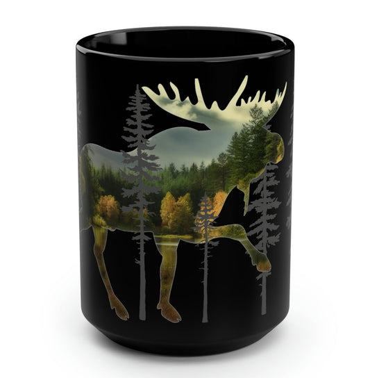 Moose in the Woods Black Mug, 15oz