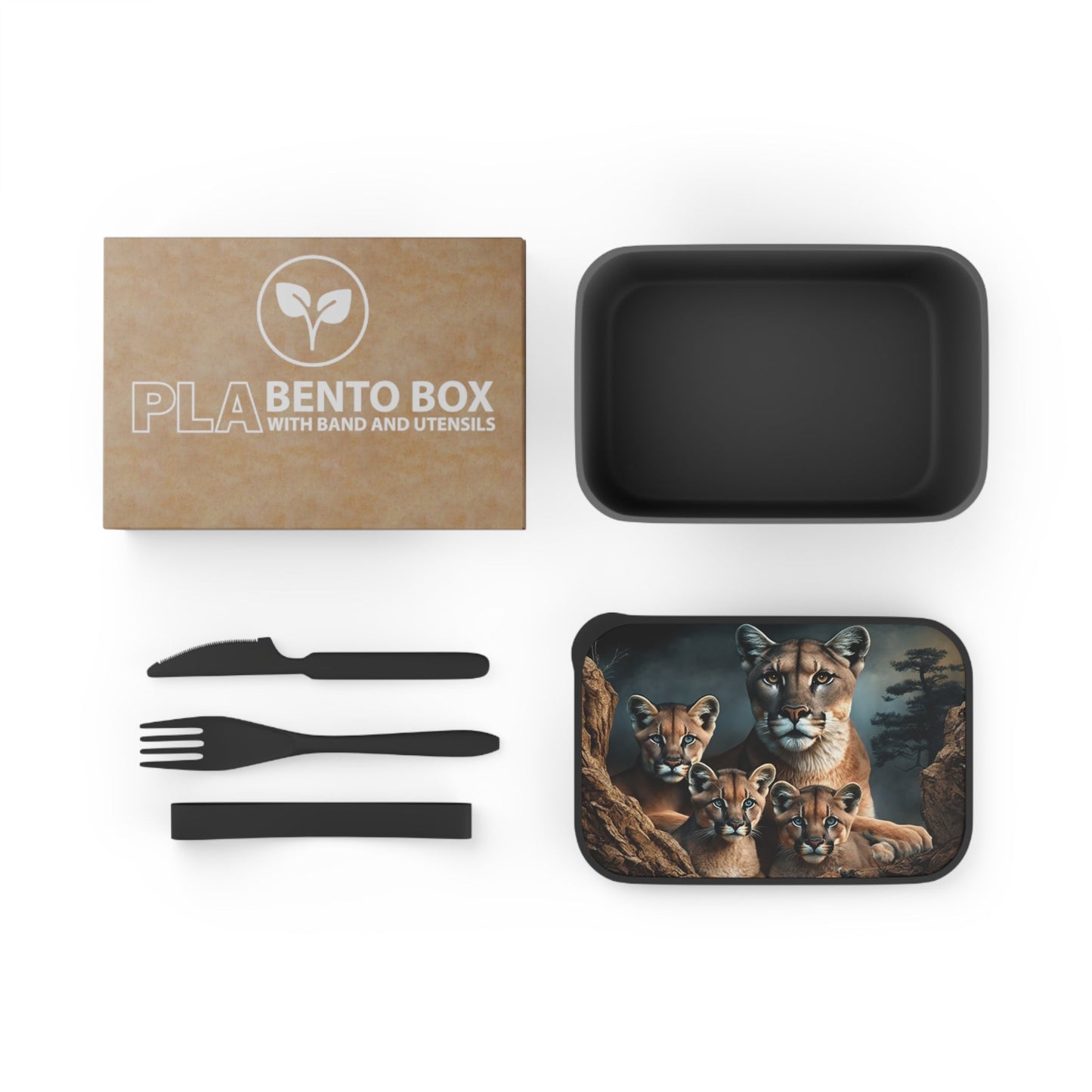 Mountain Lion Mother and Kittens | PLA Bento Box with Band and Utensils