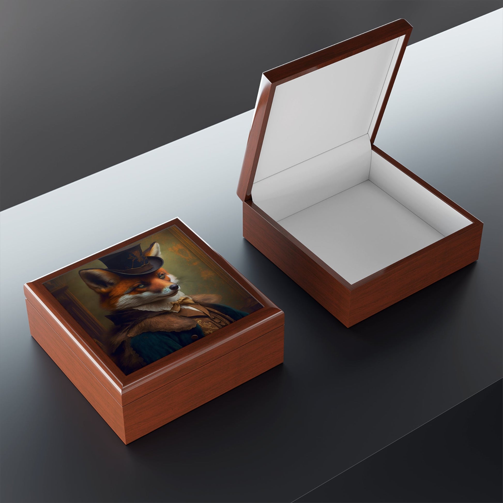 Mr. Fox Portrait Wood Keepsake Jewelry Box with Ceramic Tile Cover