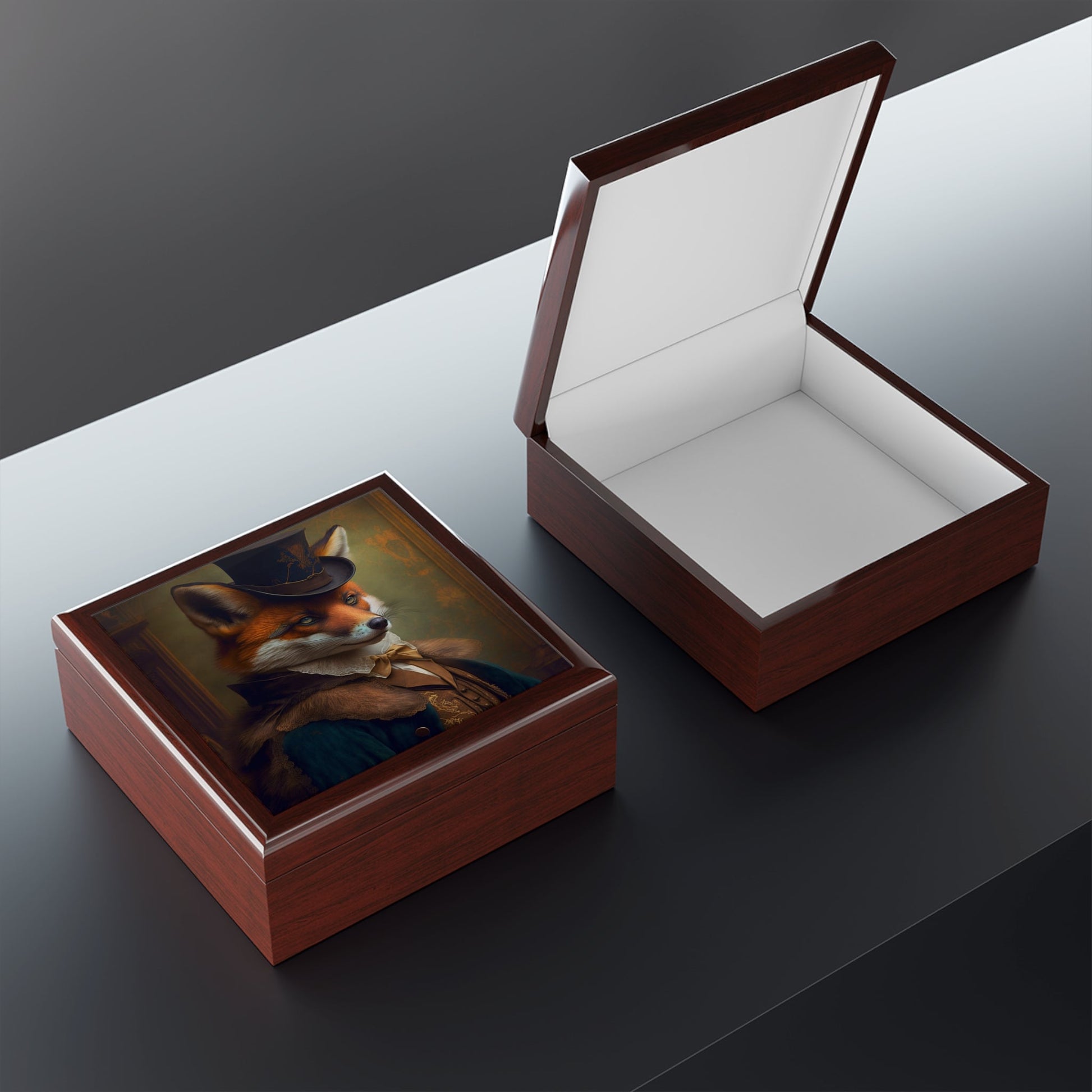 Mr. Fox Portrait Wood Keepsake Jewelry Box with Ceramic Tile Cover