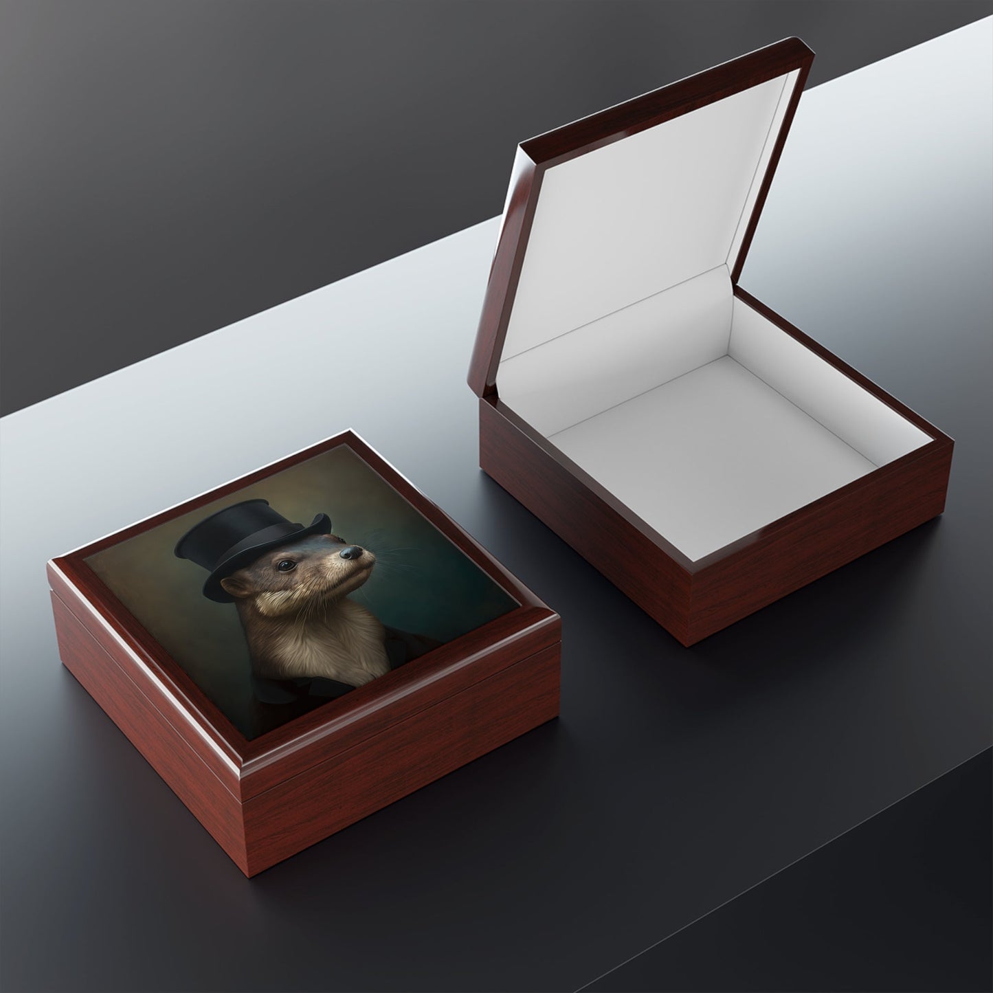 Mr. Otter Portrait Wood Keepsake Jewelry Box with Ceramic Tile Cover