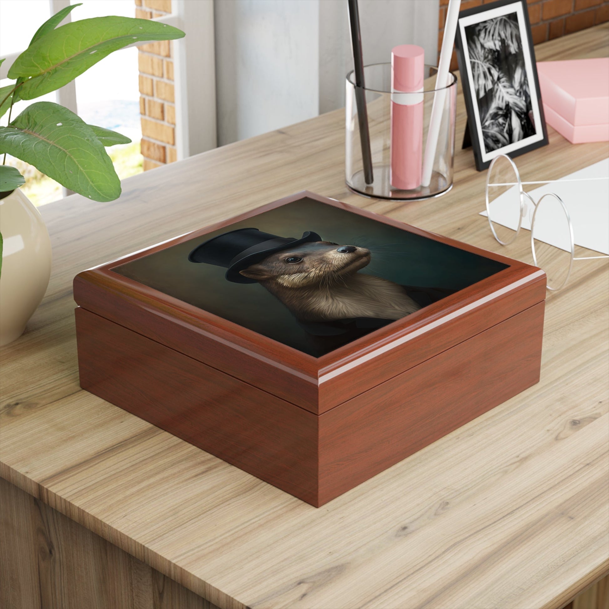 Mr. Otter Portrait Wood Keepsake Jewelry Box with Ceramic Tile Cover