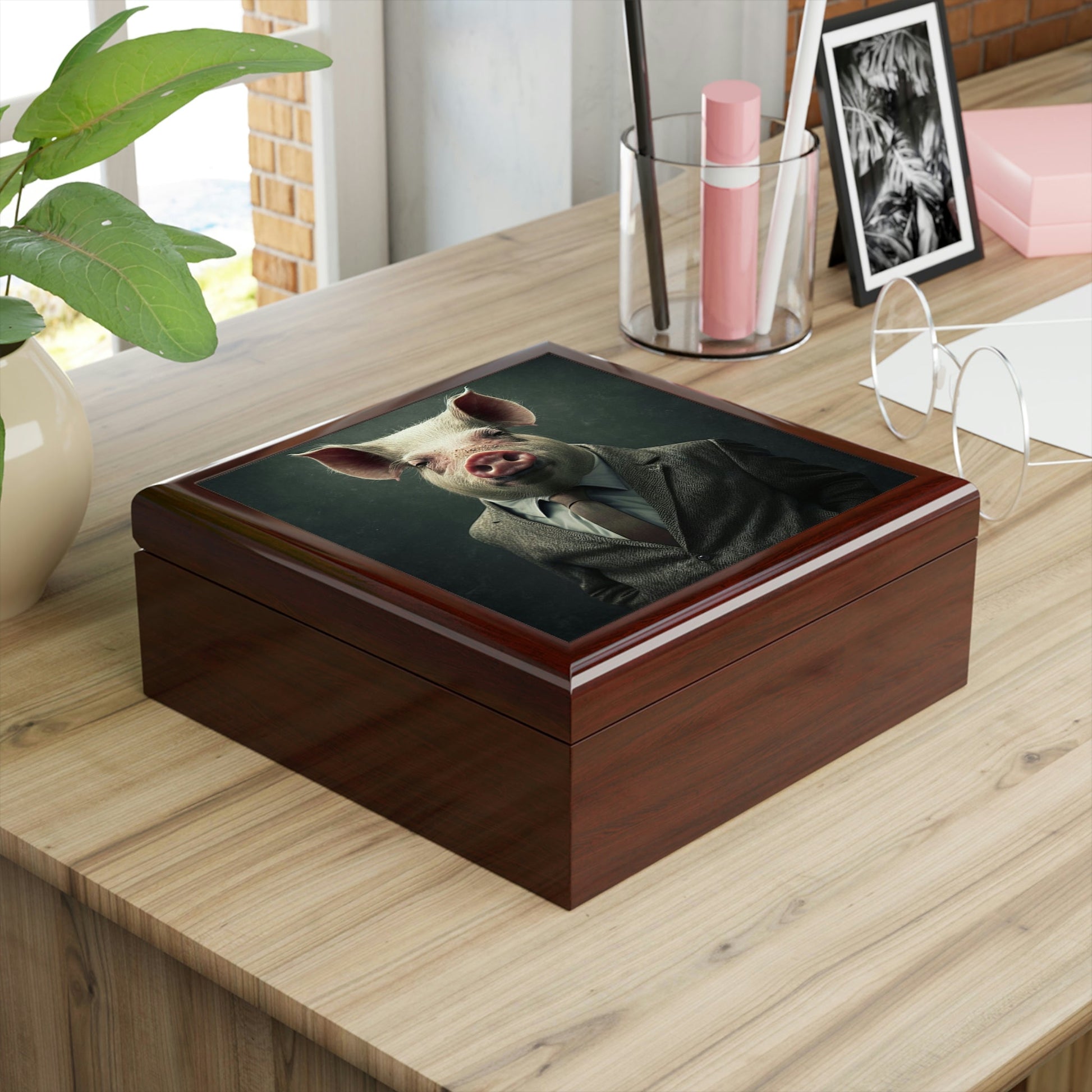 Mr. Pig Wooden Keepsake Jewelry Box with Ceramic Tile Cover