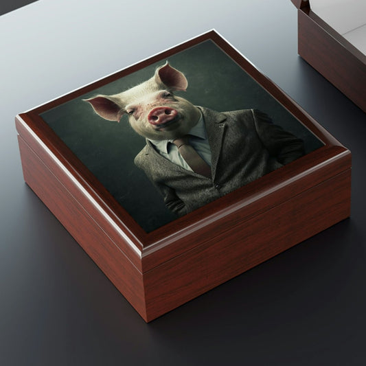 Mr. Pig Wooden Keepsake Jewelry Box with Ceramic Tile Cover