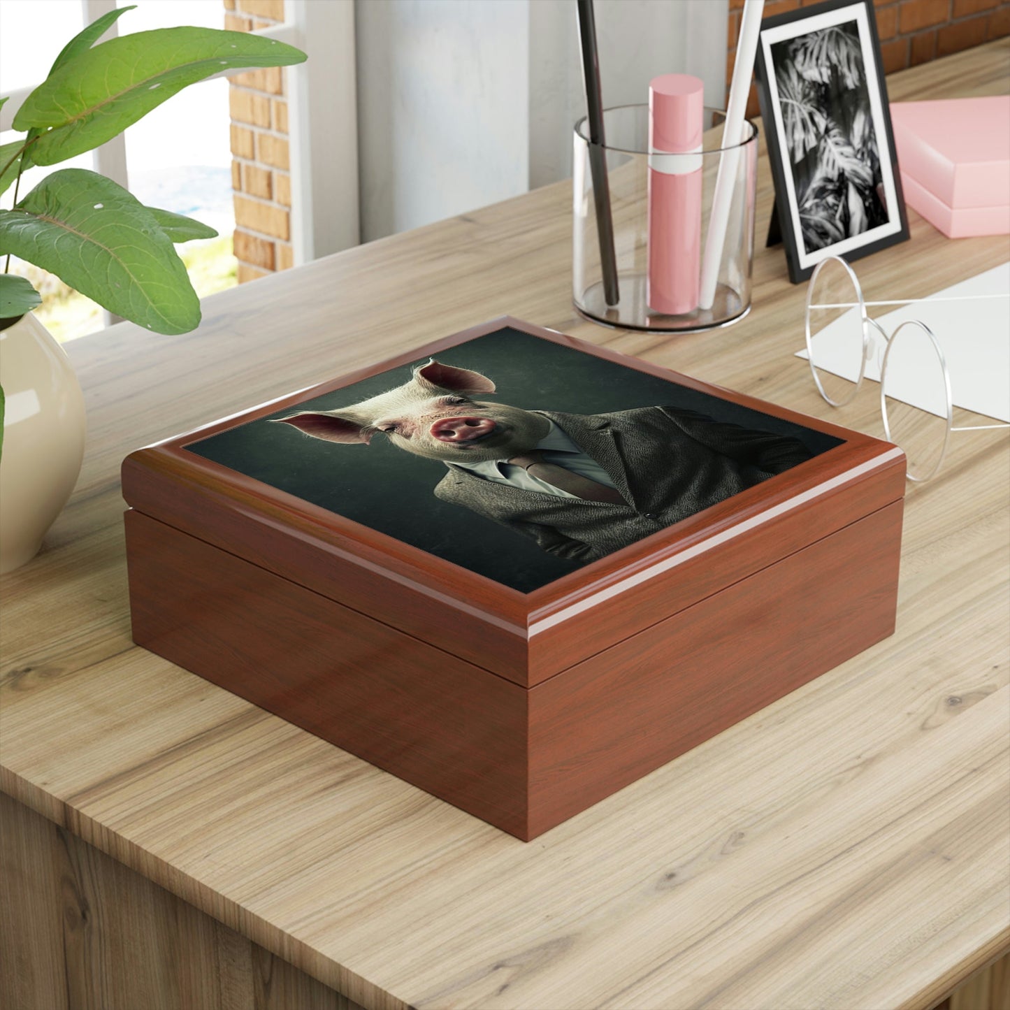 Mr. Pig Wooden Keepsake Jewelry Box with Ceramic Tile Cover