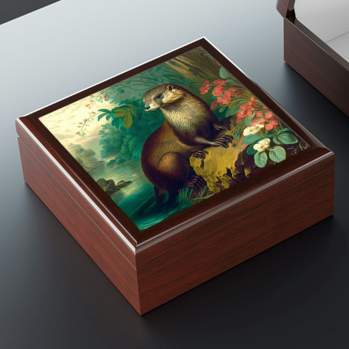 Otter Wood Keepsake Jewelry Box with Ceramic Tile Cover